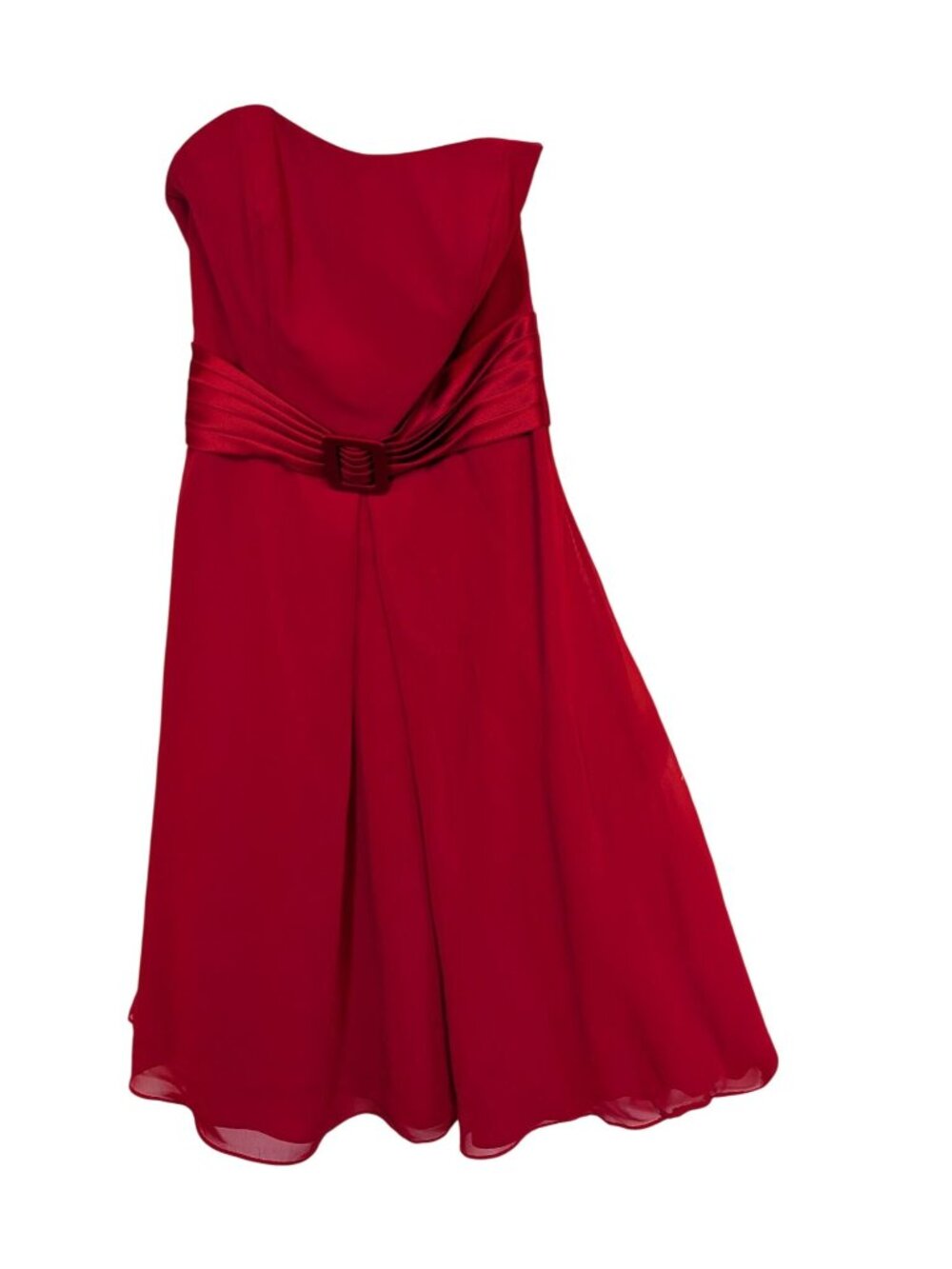 Alfred Angelo Strapless Cherry Red Dress With Pleated Satin Waistband & Flowy Sk